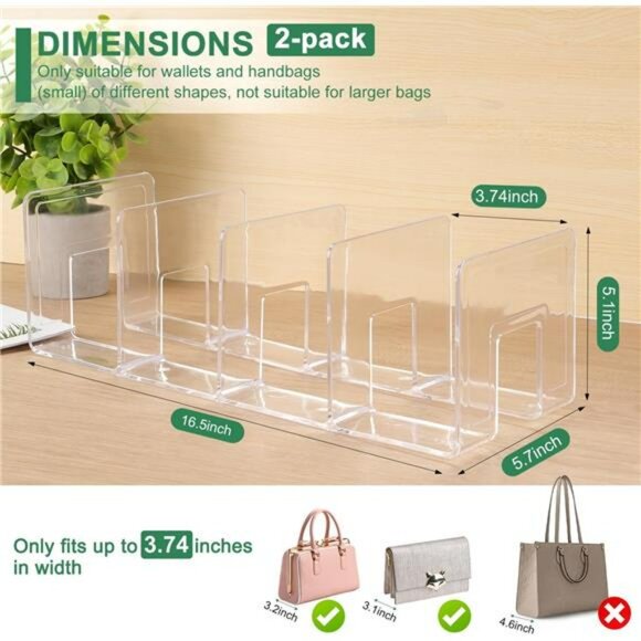 Acrylic Purse Organizer Closet 8 Slot Handbag Storage Clear Shelf Divider 2 Pack - Picture 2 of 7